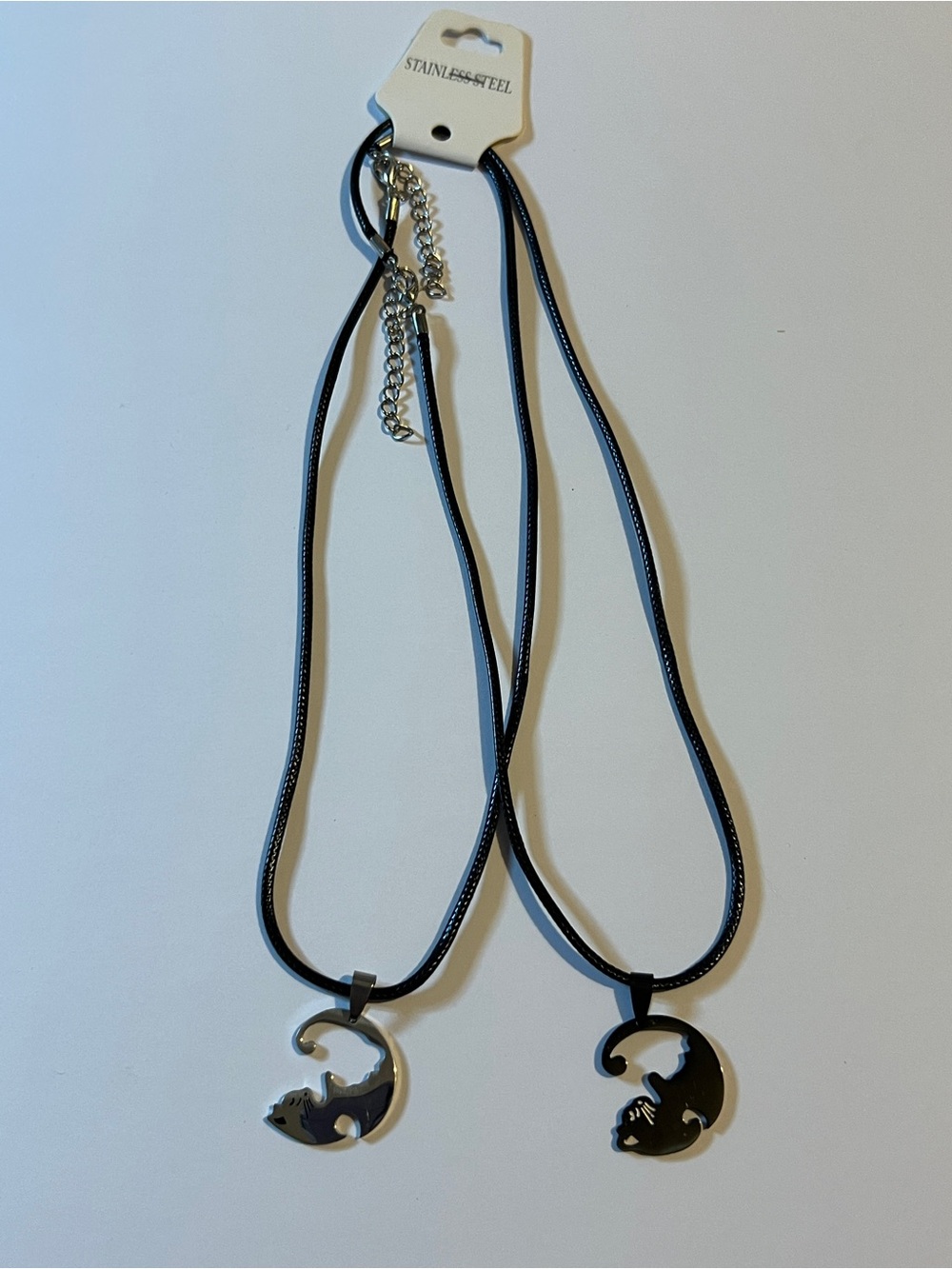 Cat Lovers Friendship Necklace Black & Silver Stainless Steel